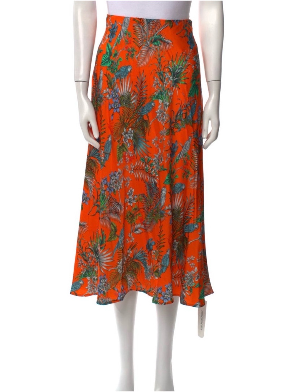 L'AGENCE Orange Tropical Parrot Print Midi Skirt